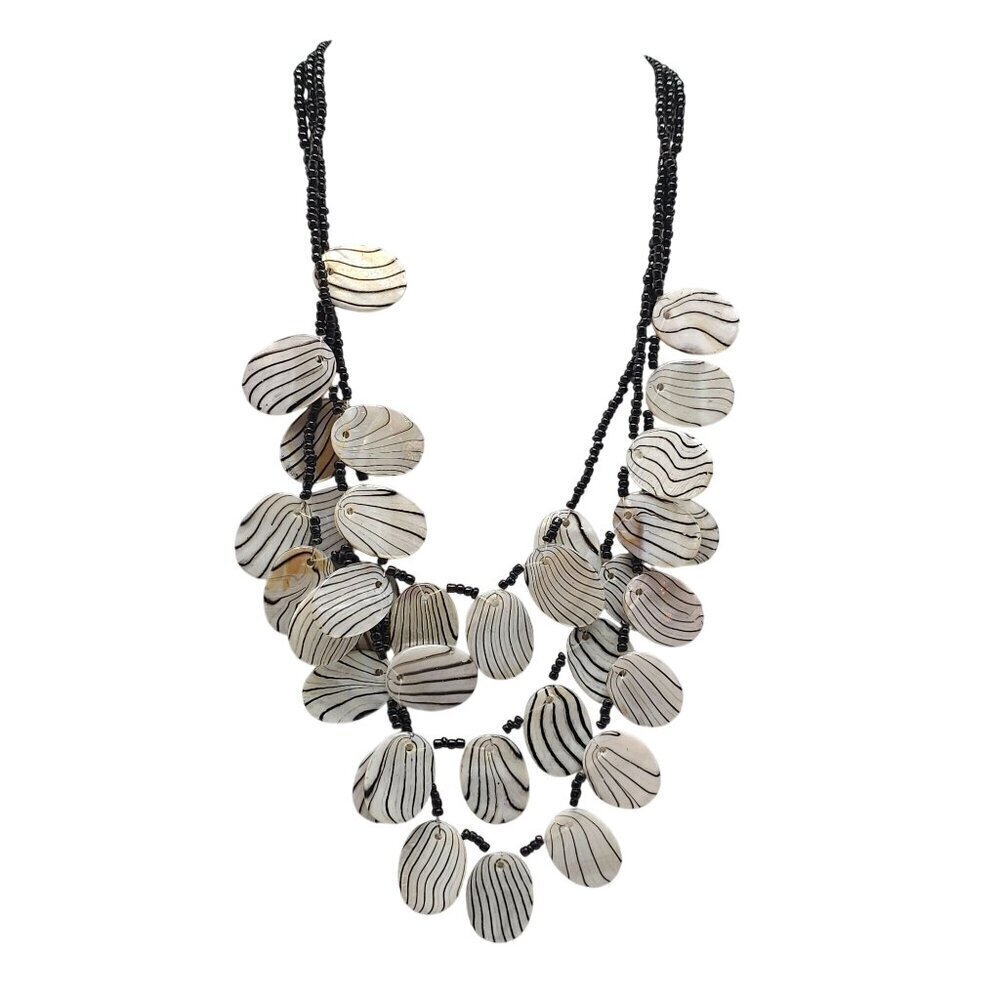 Layered Black Beaded Necklace With White & Black Shell Disc Chain 17"